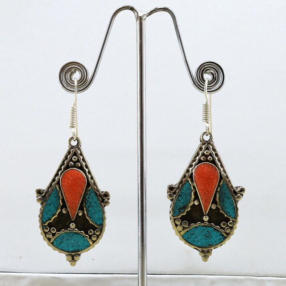 Tibetan Turquoise, Coral Lapis Multicolor Handmade Boho Silver Earrings - Picture 1 of 5